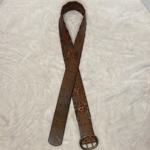 J.Crew Brown Leather Boho Embroidered Weaved Belt Size Medium 1.5” - Picture 5 of 11
